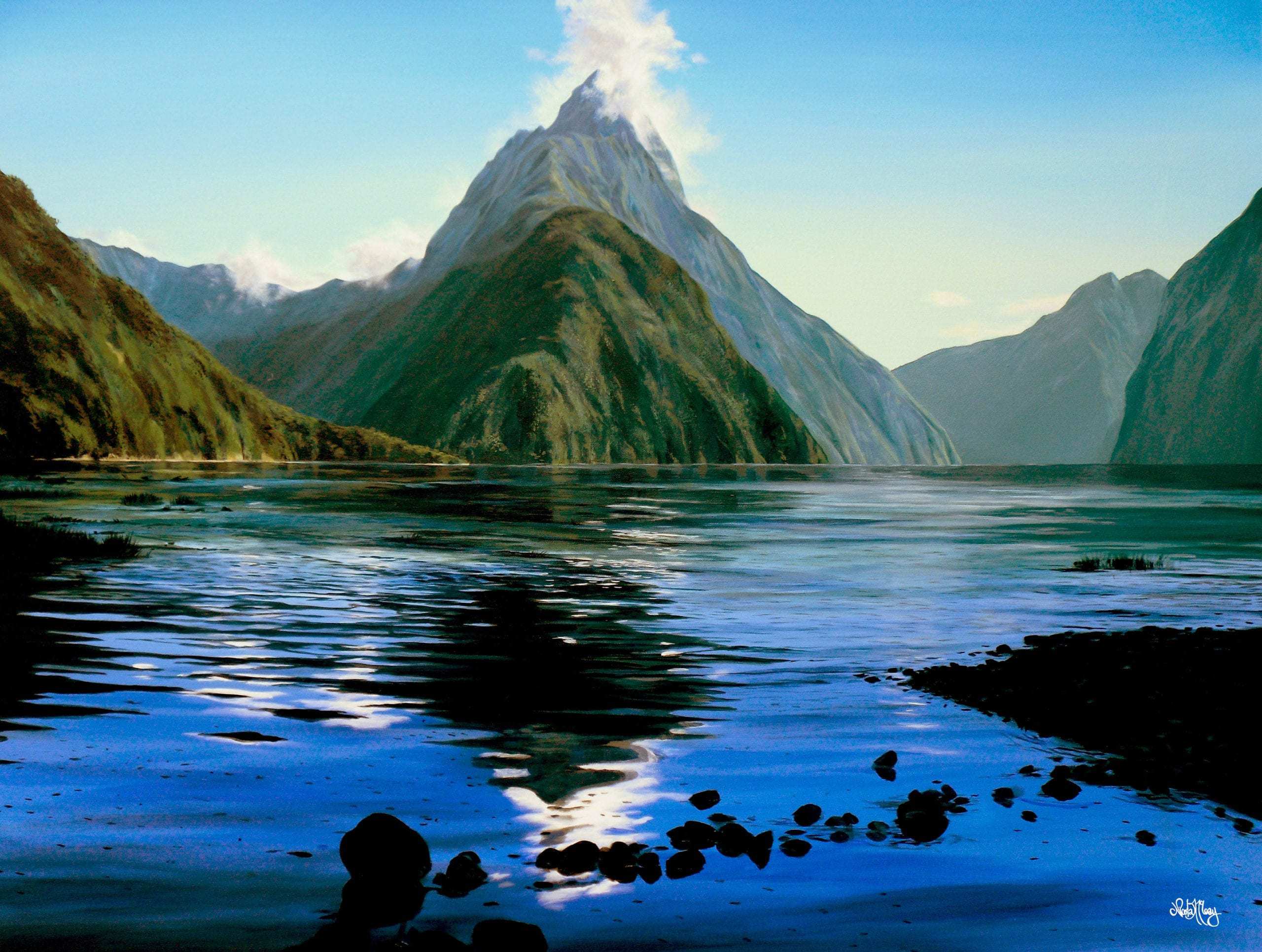 Mitre Peak reflections, Milford sound, New Zealand, Original Acrylic Painting By Nicola McLeay Fine Art
