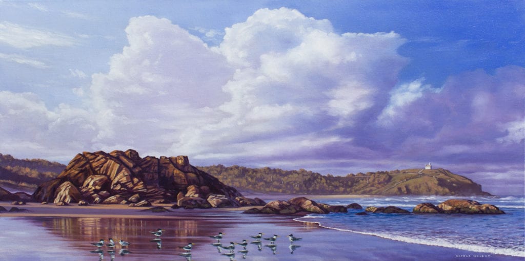 Family Of Royal Terns, Lighthouse Beach, Port Macquarie, Australia, Original Oil Painting By Nicola McLeay Fine Art
