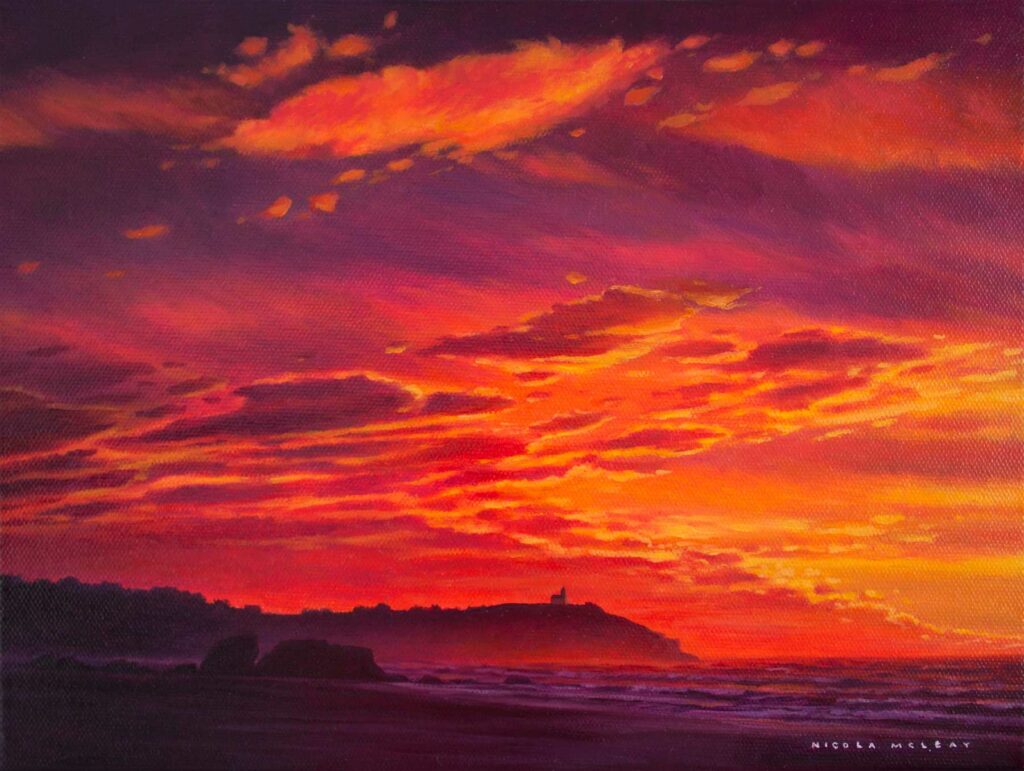 Fire Sky At Lighthouse Beach, Port Macquarie, Australia, Original Oil Painting By Nicola McLeay Fine Art