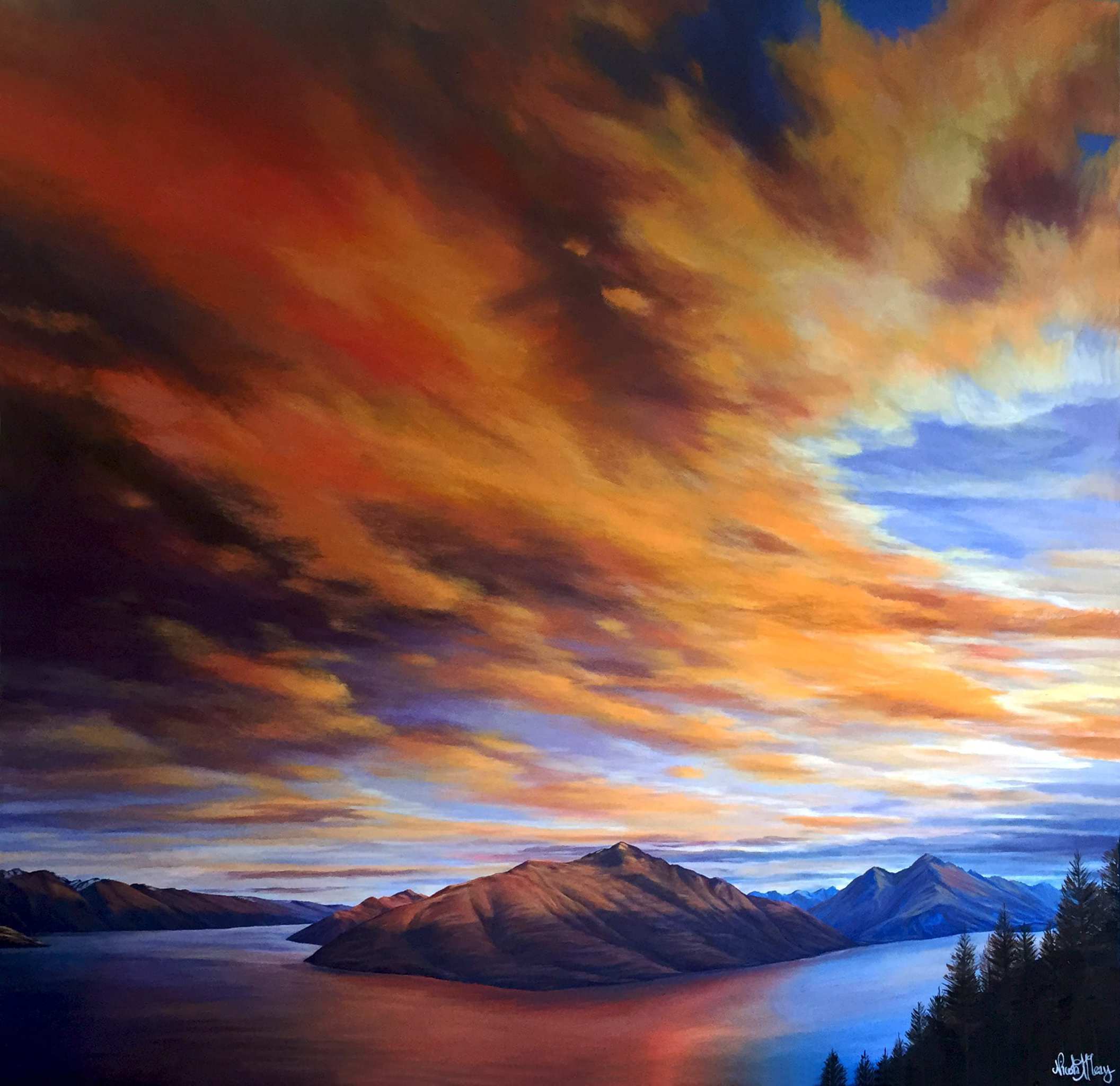 Fire Sky, Queenstown, New Zealand, Original Acrylic Painting By Nicola McLeay Fine Art