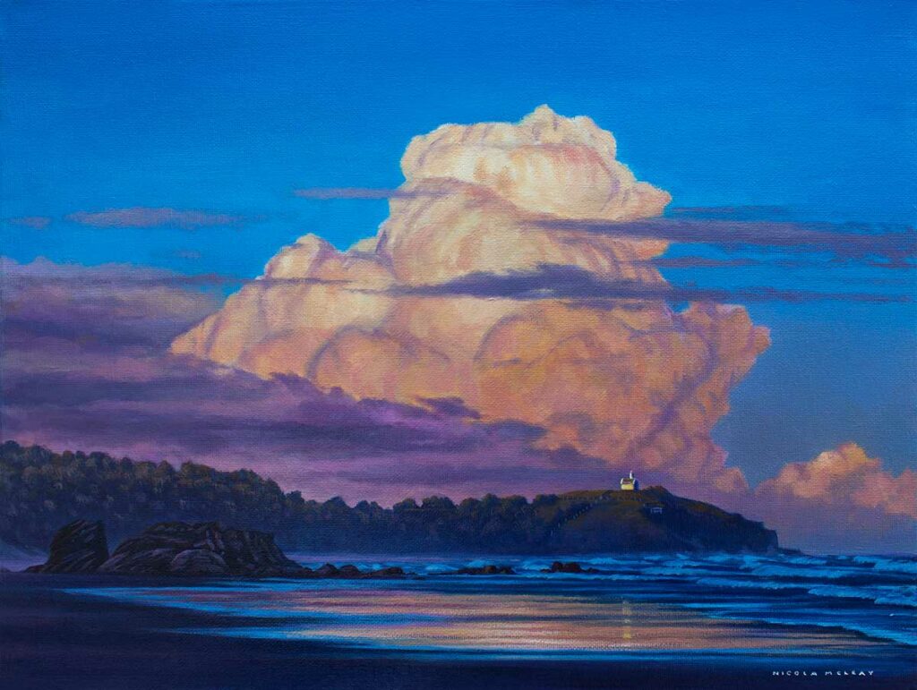 Cumulus Clouds At Lighthouse Beach, Port Macquarie, Australia, Original Oil Painting By Nicola McLeay Fine Art