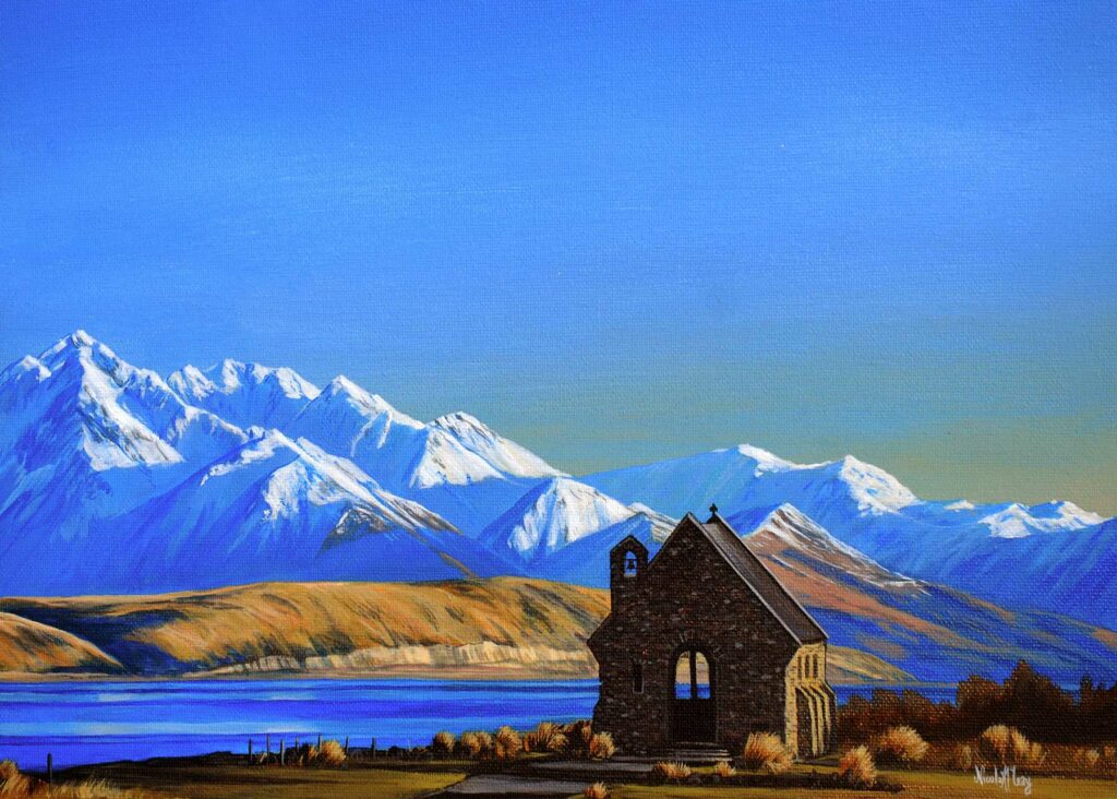 Church Of The Good Shepherd, Lake Tekapo, New Zealand, Original Acrylic Painting By Nicola McLeay Fine Art