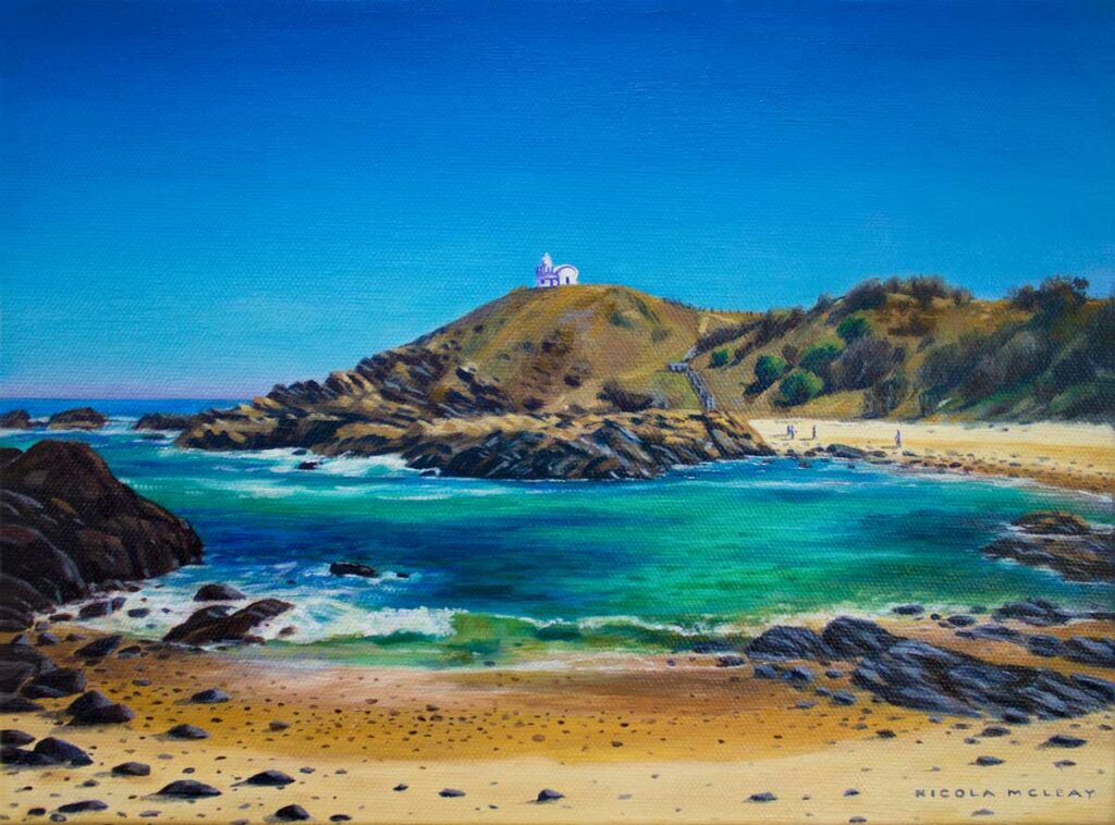 Little Bay & Tacking Point Lighthouse, Port Macquarie, Australia, Original Oil Painting by Nicola McLeay Fine Art
