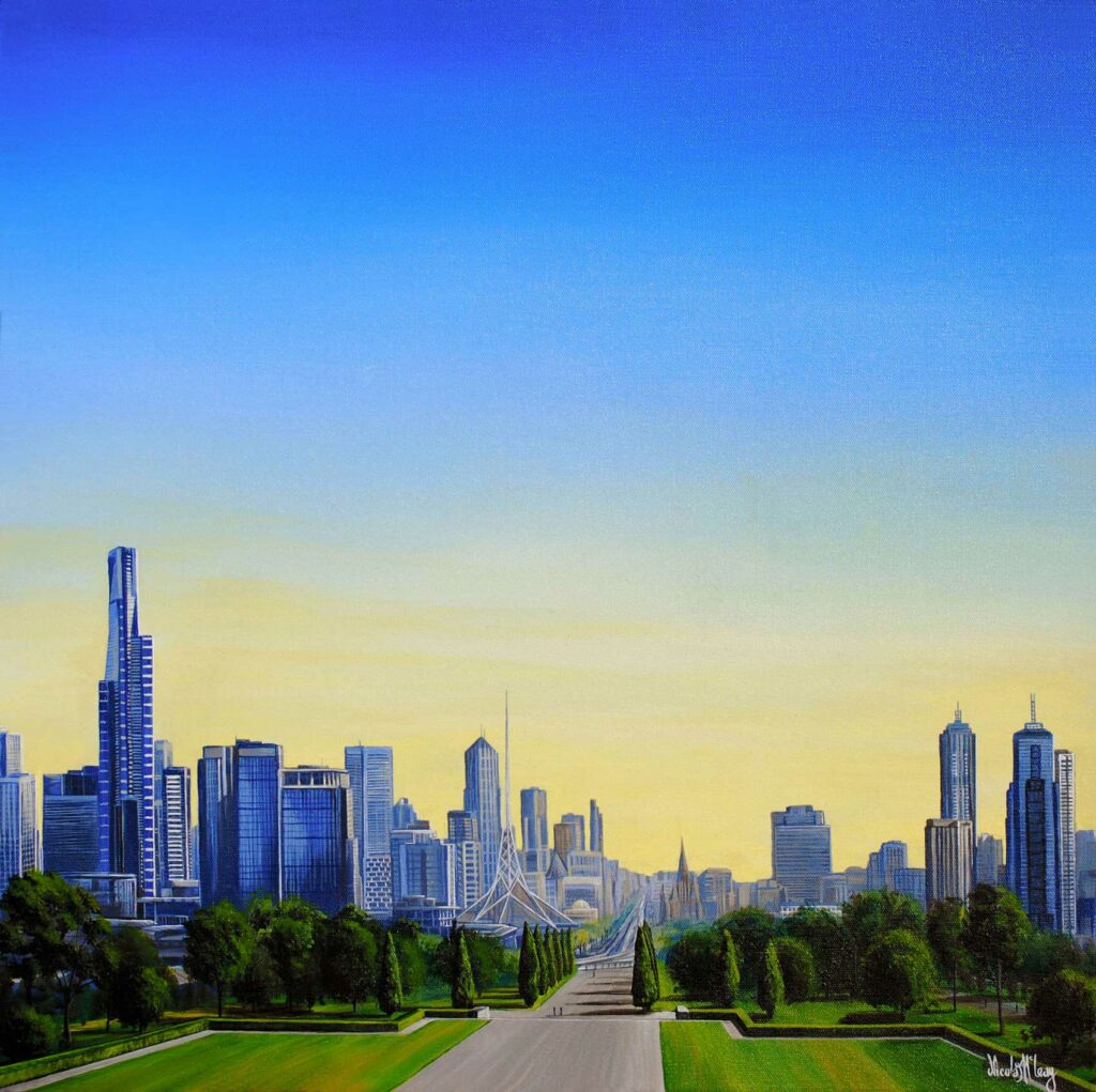 Melbourne From The Shrine Of Remembrance, Melbourne, Australia, Original Acrylic Painting By Nicola McLeay Fine Art