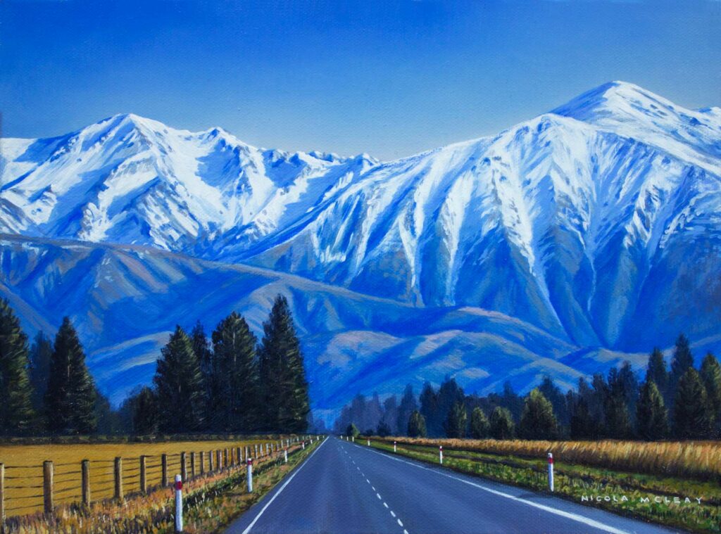 Road To Mount Hutt, Southern Alps, New Zealand, Original Oil Painting By Nicola McLeay Fine Art
