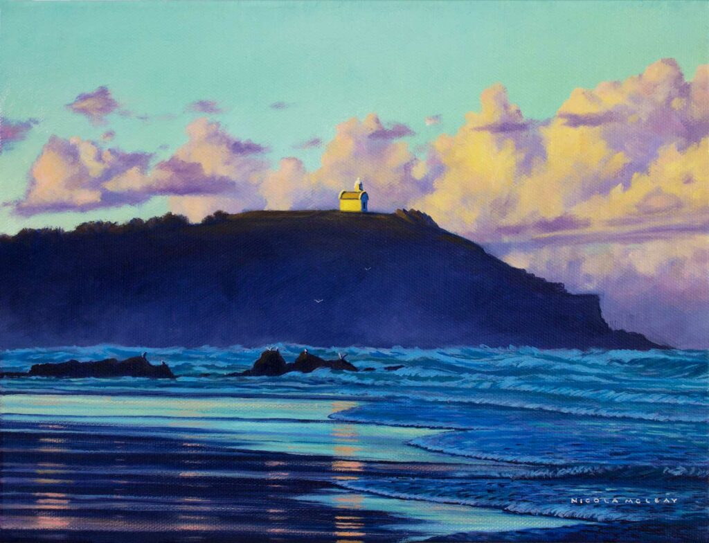Dusk At Tacking Point Lighthouse, Port Macquarie, Australia, Original Oil Painting By Nicola McLeay Fine Art