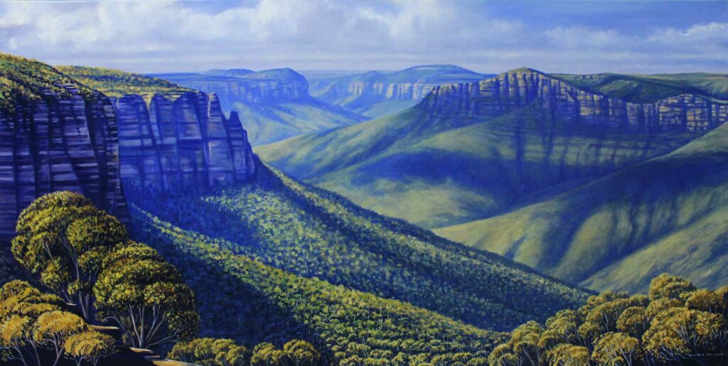 Looking through The Blue Mountains, Australia, Original Oil Painting by Nicola McLeay Fine Art