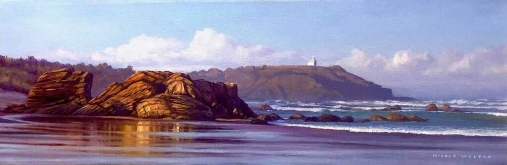 Watonga Rocks Reflection, Lighthouse Beach, Port Macquarie, Australia, Original Oil Painting By Nicola McLeay Fine Art
