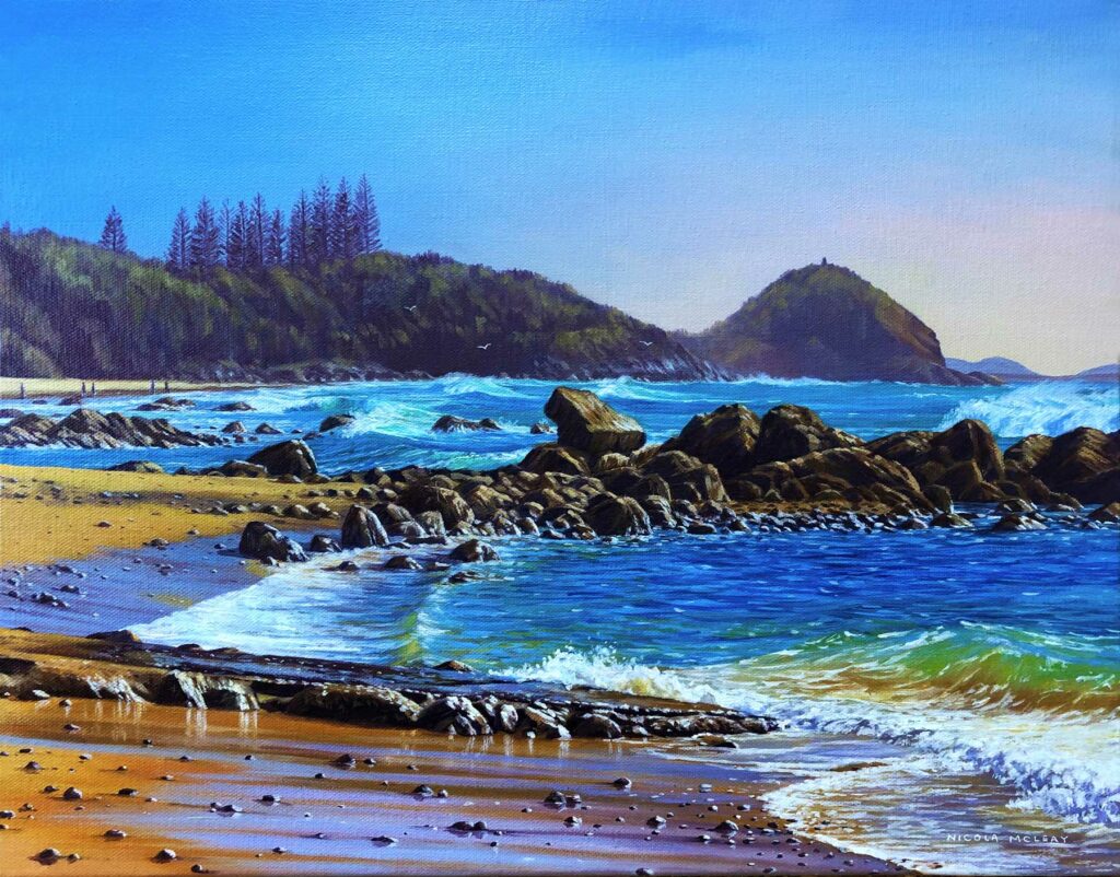 shelly beach rock, port macquaire, australian oil painting by nicola mcleay