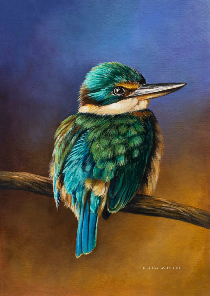 Sacred Kingfisher Bird, Original Oil Painting by Nicola McLeay Fine Art