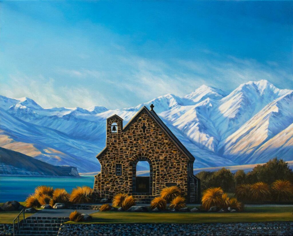 church of the good shepherd lake tekapo new zealand oil painting nicola mcleay fine art