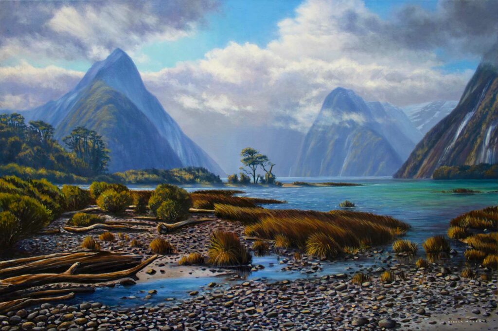 Milford Sound Rocks Fiorldland New Zealand Oil Painting Nicola Mcleay Fine Art