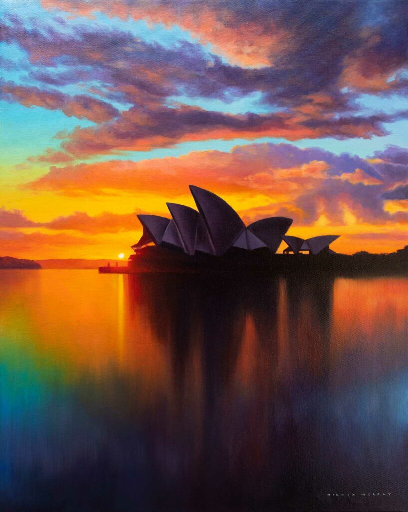 Sydney opera house sunset and reflections oil painting Nicola McLeay