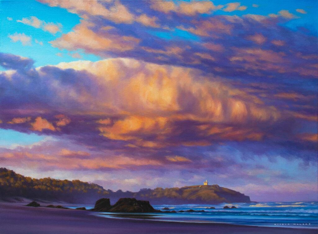 Watonga Rocks Sunset Lighthouse Beach Port Macquarie, Original Oil Painting By Nicola McLeay Fine Art