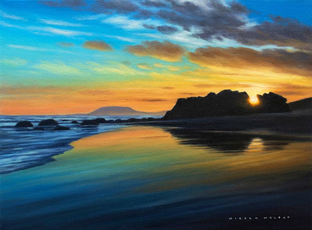 watong rock sunset lighthouse beach port macquarie nsw oil painting