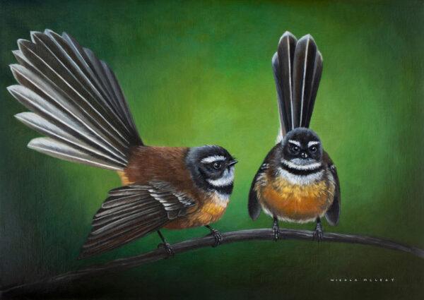New Zealand fantails piwakaka birds original oil painting with green background by nicola mcleay fine art