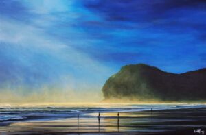 Golden Mist Piha Beach New Zealand landscape oil painting Nicola McLeay